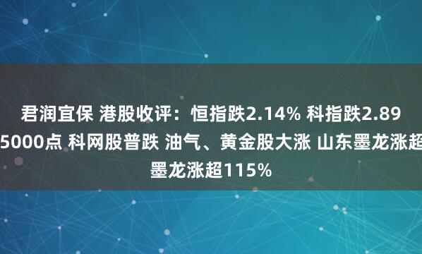 君润宜保 港股收评：恒指跌2.14% 科指跌2.89%失守5000点 科网股普跌 油气、黄金股大涨 山东墨龙涨超115%