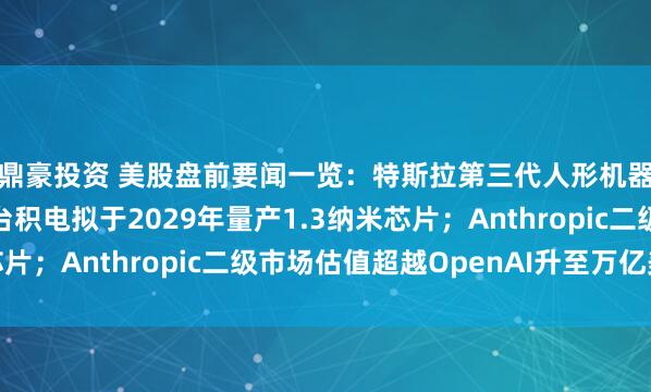 鼎豪投资 美股盘前要闻一览：特斯拉第三代人形机器人预计年中亮相；台积电拟于2029年量产1.3纳米芯片；Anthropic二级市场估值超越OpenAI升至万亿美元